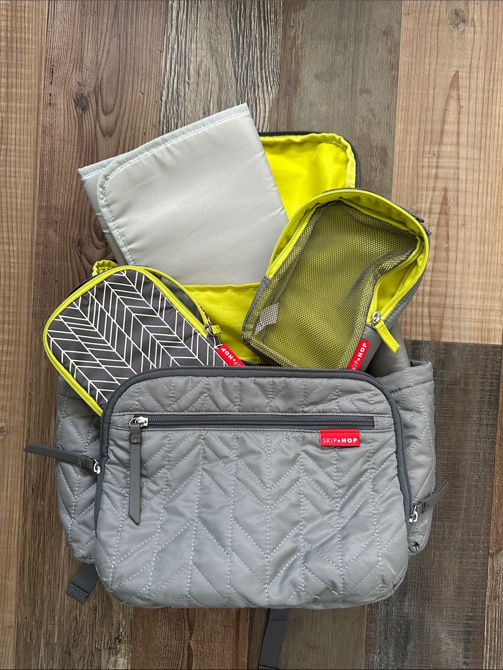 Skip Hop Quilted Gray Backpack with Neon Yellow Interior